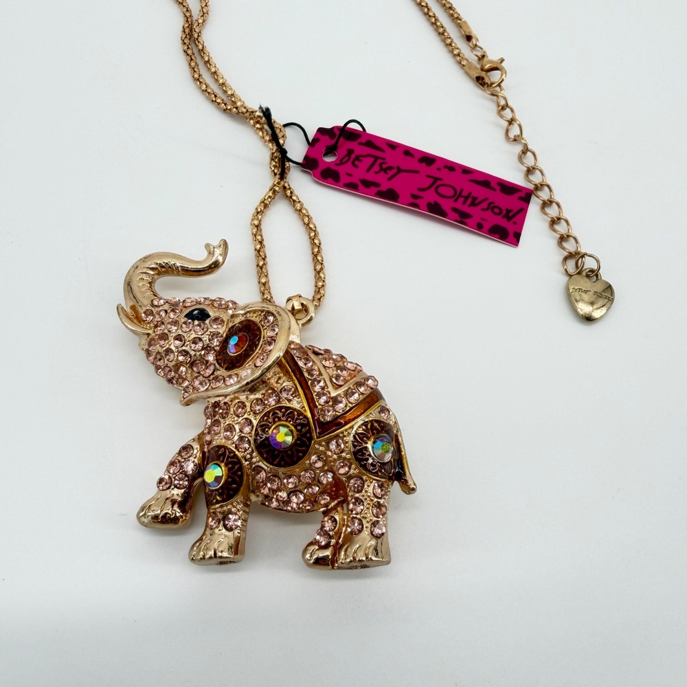 Betsey Johnson Rhinestone Elephant Pendant Necklace Gold Pink NEW!